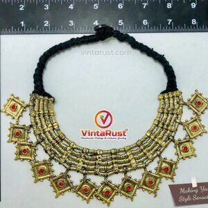 Vintage Tribal Choker Necklace: Afghani Boho Jewelry with Glass Stones